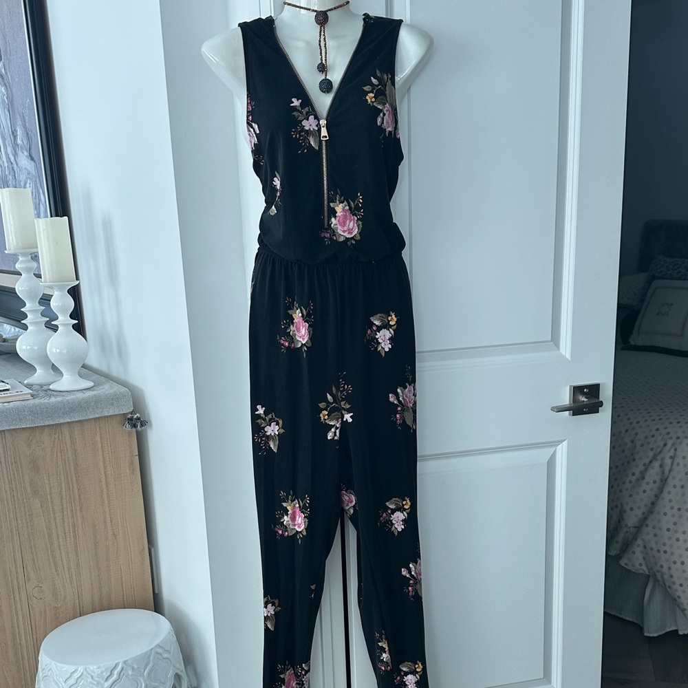 Stella Tweed Black Jumpsuit with Pink Floral Design